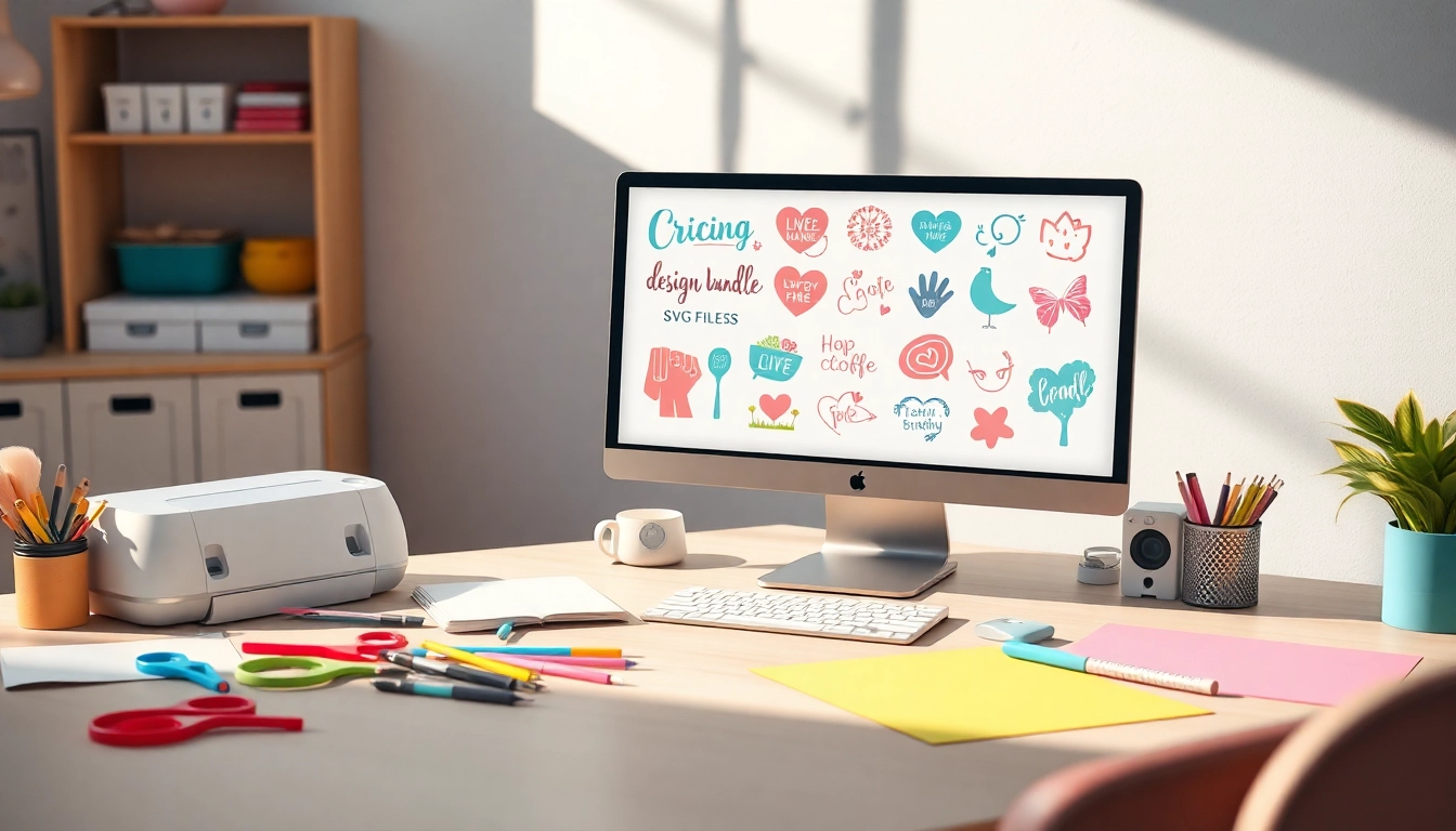 Vibrant workspace showcasing design bundles SVG for crafting with Cricut machine and colorful supplies.