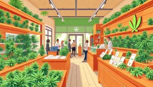 Find where can you buy weed online through this vibrant cannabis marketplace illustration.