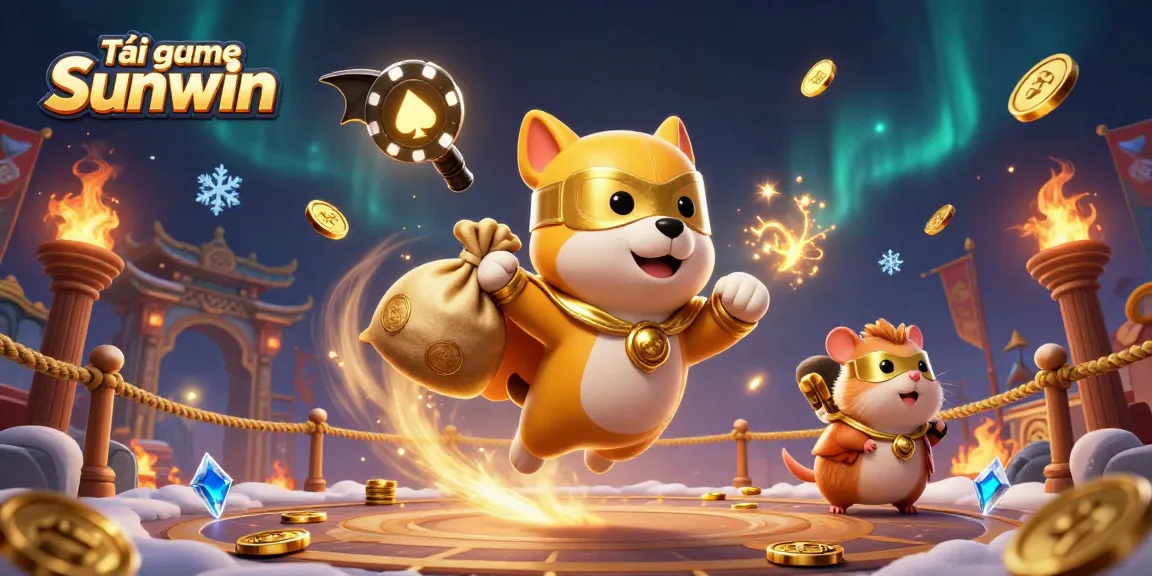 Experience the adventure with Tải game Sunwin, featuring a heroic dog and hamster in a vibrant casino scene.